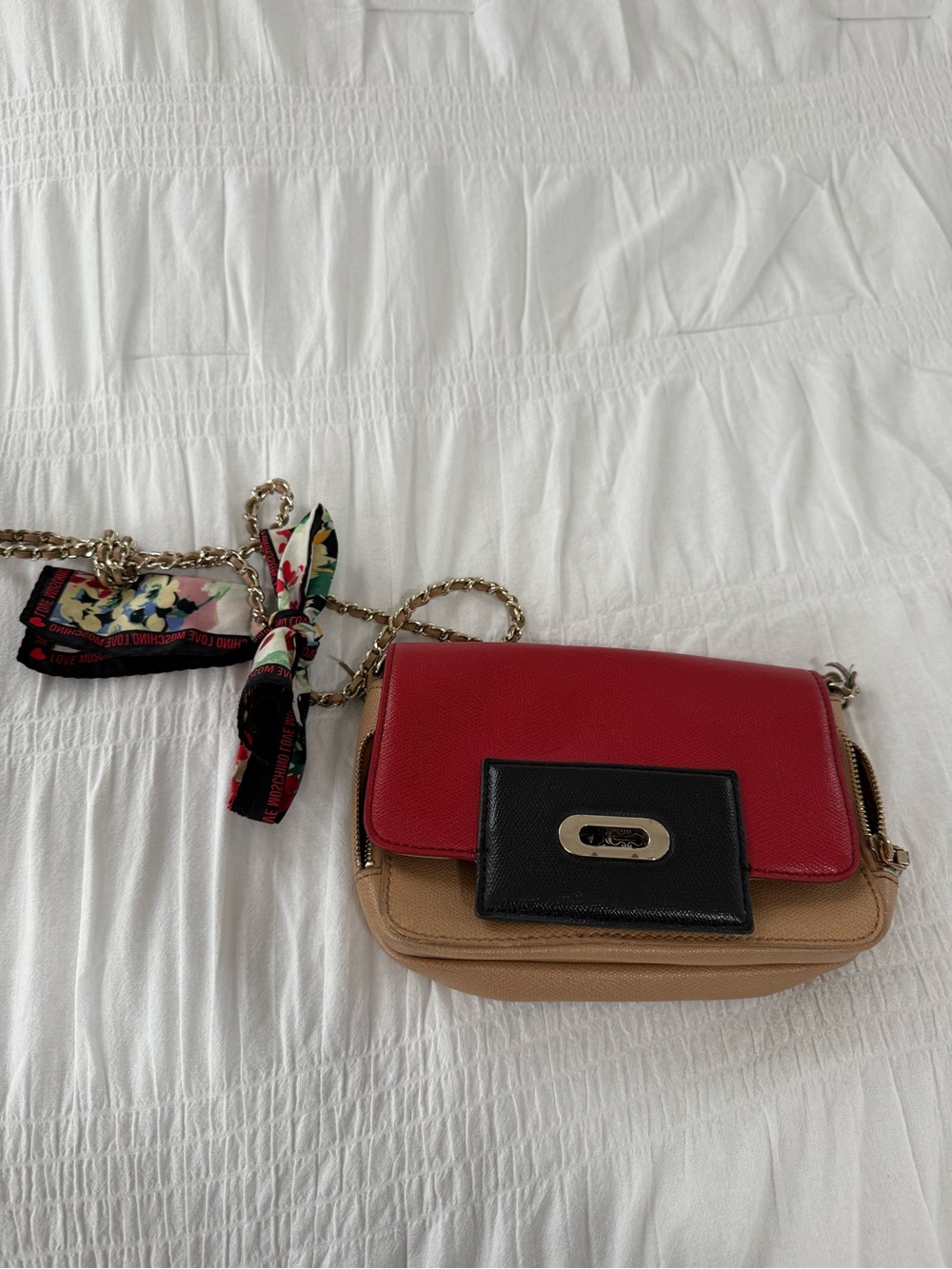 Love Moschino Colorblock Crossbody Bag Red Beige Black Chain Strap